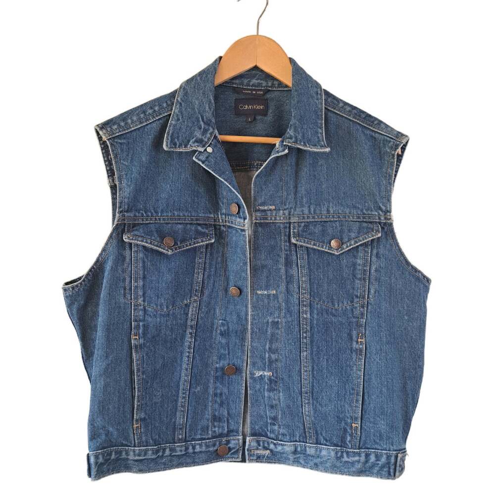 Vintage 90s Calvin Klein Denim Vest Made in USA Blue Jean Trucker Large L